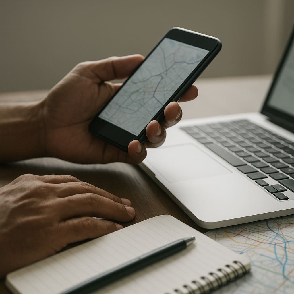 Hände bei einer Anfrage zur Routenplanung mit Telefon, Laptop und Karte