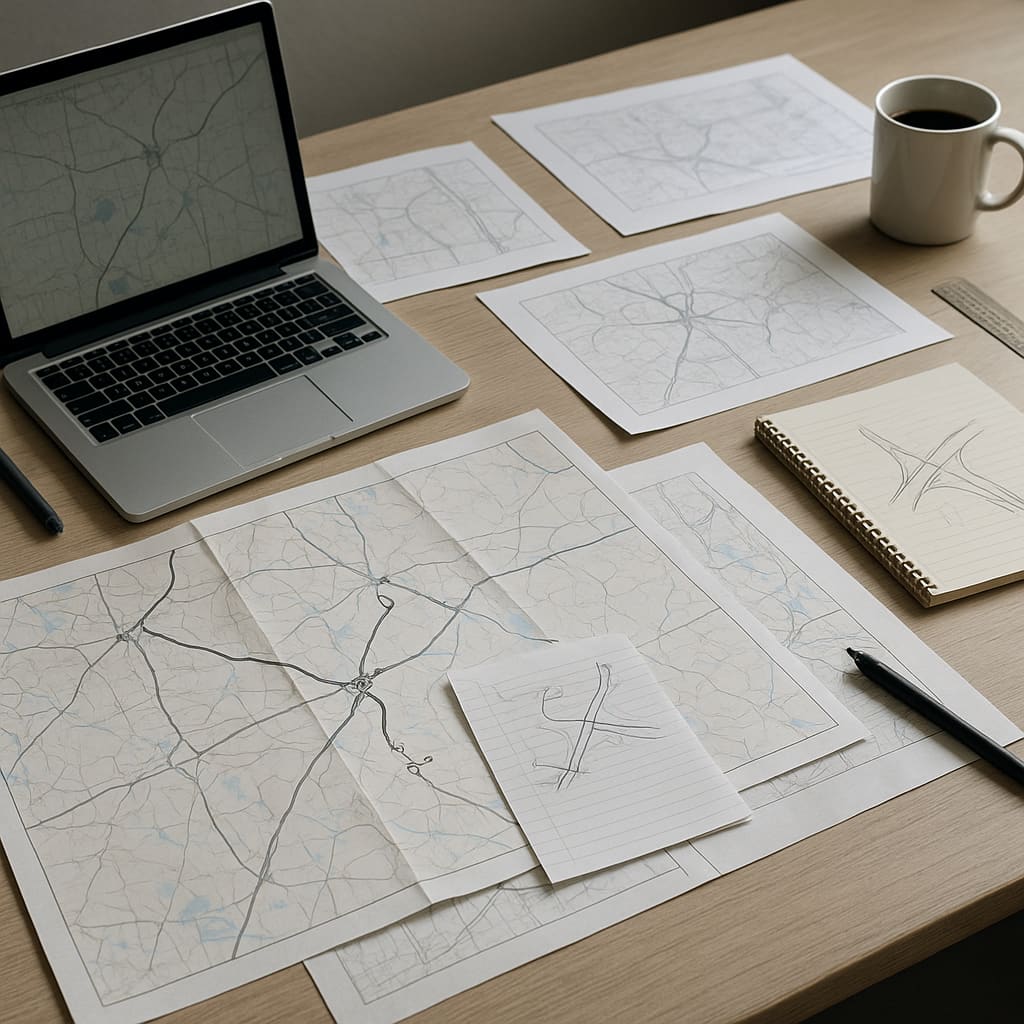 Arbeitsplatz mit Karten, Laptop und Unterlagen zur Routenplanung